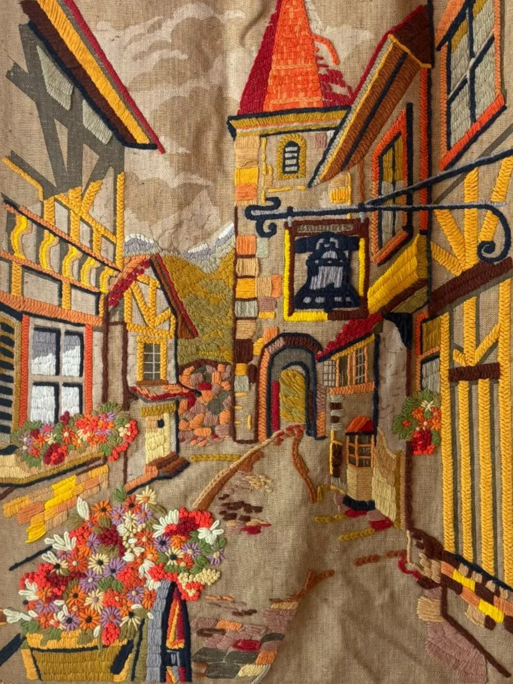 Vintage 1960s - 70s Handmade Wall Tapestry European Town Scene Crewel Embroidery